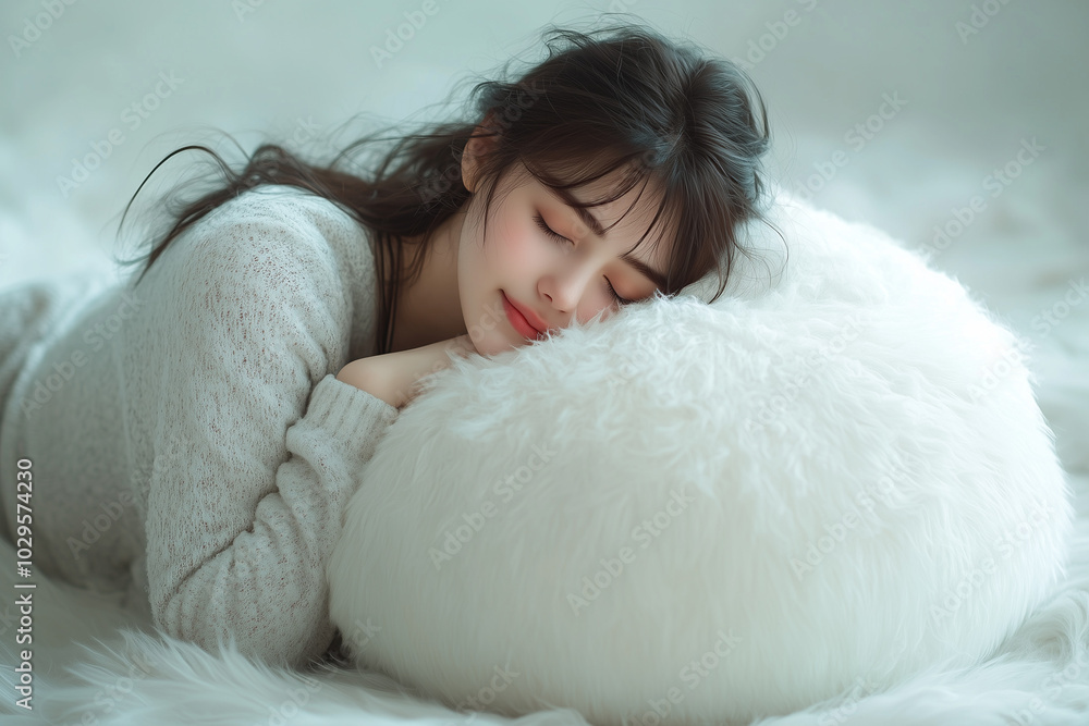 Young woman is napping on a comfortable white furry pillow, enjoying a moment of tranquility. Young woman is napping on a comfortable white furry pillow, enjoying a moment of tranquility.
