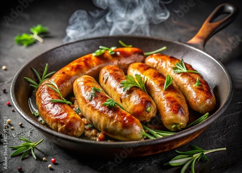 Sizzling Goldenbrown Fried Pork Sausages in Skillet with Vibrant Garnishes and Spices