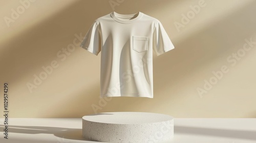 A minimalistic display featuring a floating cream-colored short sleeve shirt on a textured circular pedestal with soft lighting. photo