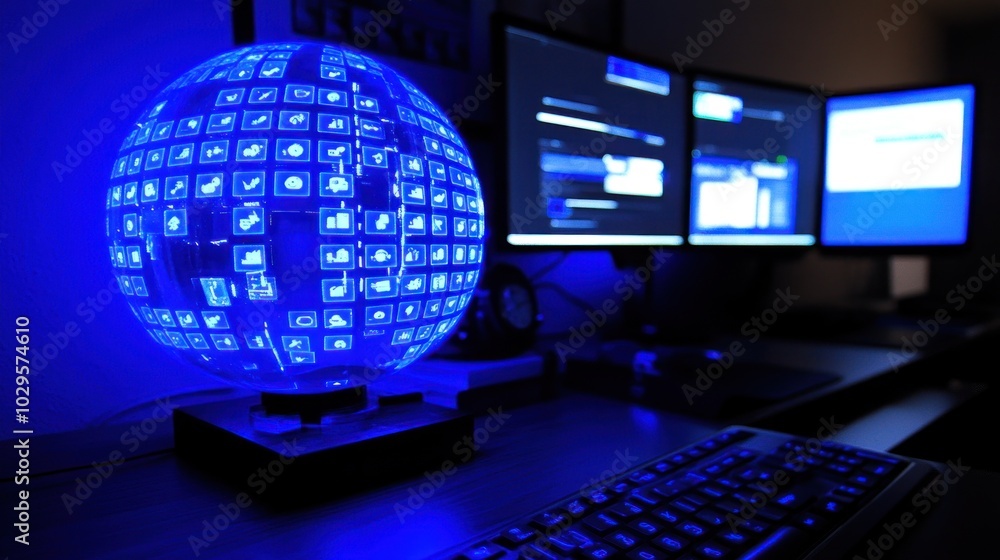 Illuminated Globe with Computer Icons and Keyboard in a Dark Room Illuminated Globe with Computer Icons and Keyboard in a Dark Room