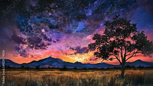 A lone tree stands silhouetted against a vibrant sunset and star-filled sky over a grassy field and distant mountains