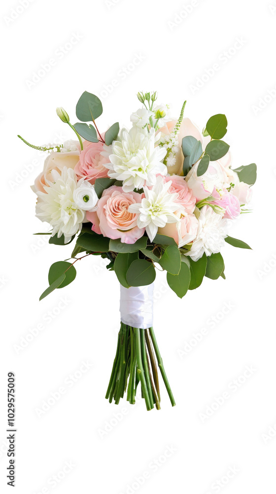 Obraz premium Elegant bouquet with soft pink roses, transparent chrysanthemums, and greenery, perfect for weddings and special occasions, exuding natural beauty.