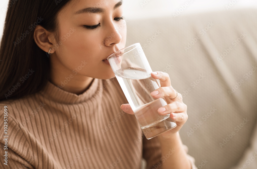 Healthy Liquid. Asian Girl Drinking Clean Water From Glass, Free Space Healthy Liquid. Asian Girl Drinking Clean Water From Glass, Free Space
