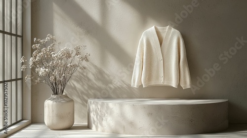 A white knitted cardigan is gracefully displayed in a warm, minimalistic environment with soft lighting. The styling evokes a cozy, serene atmosphere. photo