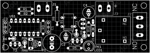 Placement of components of radio elements (contact
pads and seats) on printed circuit
board of electronic device.
Vector engineering 
drawing of pcb. Electric technic cad background with grid.