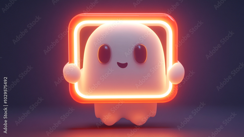 Cute 3D Ghost in Neon Frame Halloween Illustration Cute 3D Ghost in Neon Frame Halloween Illustration