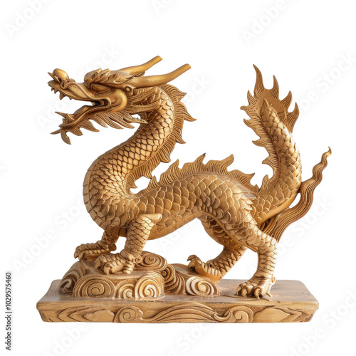 Intricate golden dragon sculpture on a wooden base, symbolizing power and strength in traditional Asian art and mythology.