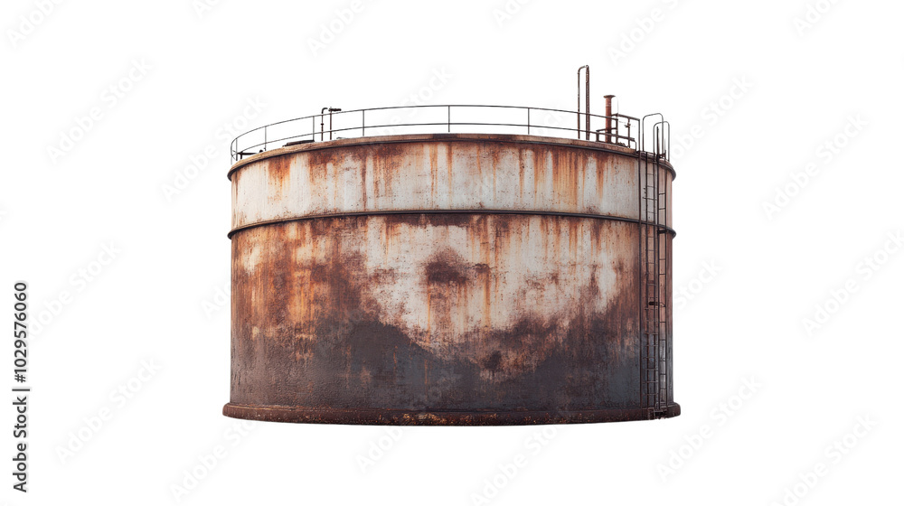 Rusty industrial storage tank with weathered surface and pipe details, isolated on transparent background. Rusty industrial storage tank with weathered surface and pipe details, isolated on transparent background.