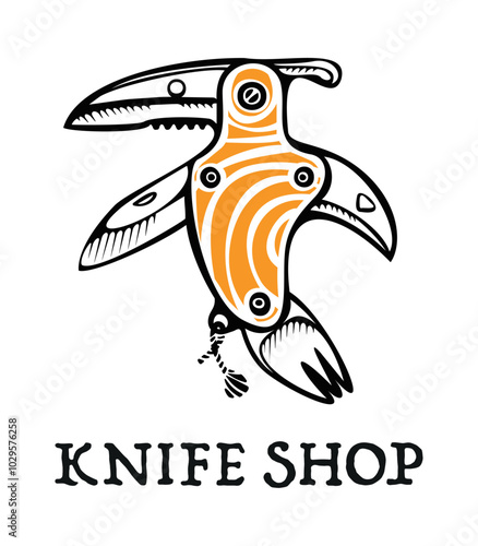 Knife shop logotype template with bird shaped folding knife 