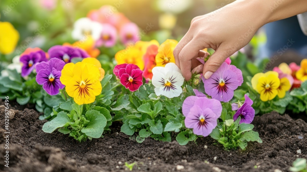 custom made wallpaper toronto digitalHand Reaching for Colorful Pansy Flowers in a Garden Bed