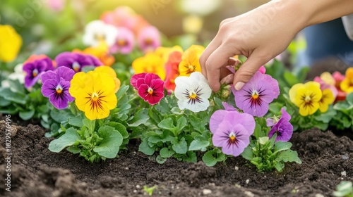 Wallpaper Mural Hand Reaching for Colorful Pansy Flowers in a Garden Bed Torontodigital.ca