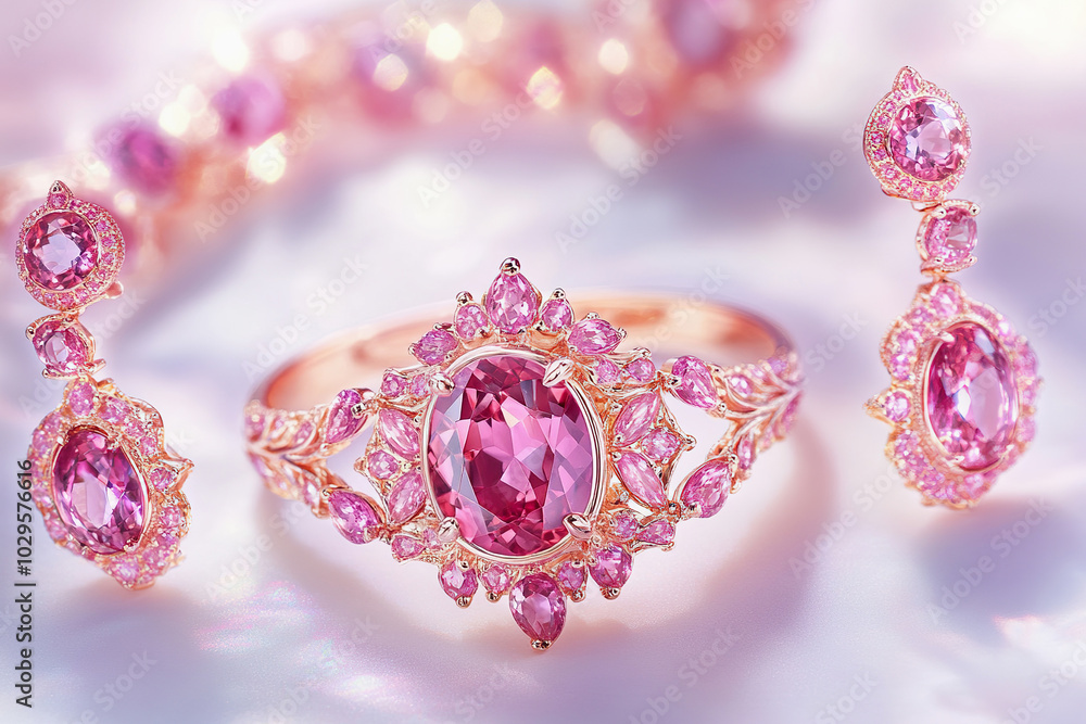 Elegant Pink Gemstone Jewelry Set with Intricate Gold Details Elegant Pink Gemstone Jewelry Set with Intricate Gold Details