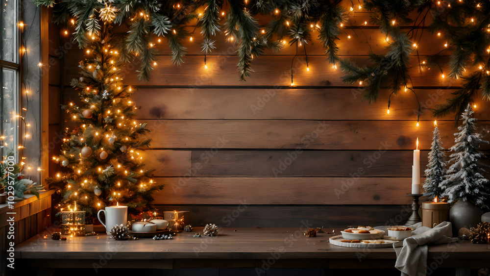 Rustic Christmas Scene: Warm and inviting Christmas backdrop with a wooden wall, twinkling fairy lights, decorated Christmas trees, candles, and a cozy table setting. Perfect for holiday cards. Rustic Christmas Scene: Warm and inviting Christmas backdrop with a wooden wall, twinkling fairy lights, decorated Christmas trees, candles, and a cozy table setting. Perfect for holiday cards.