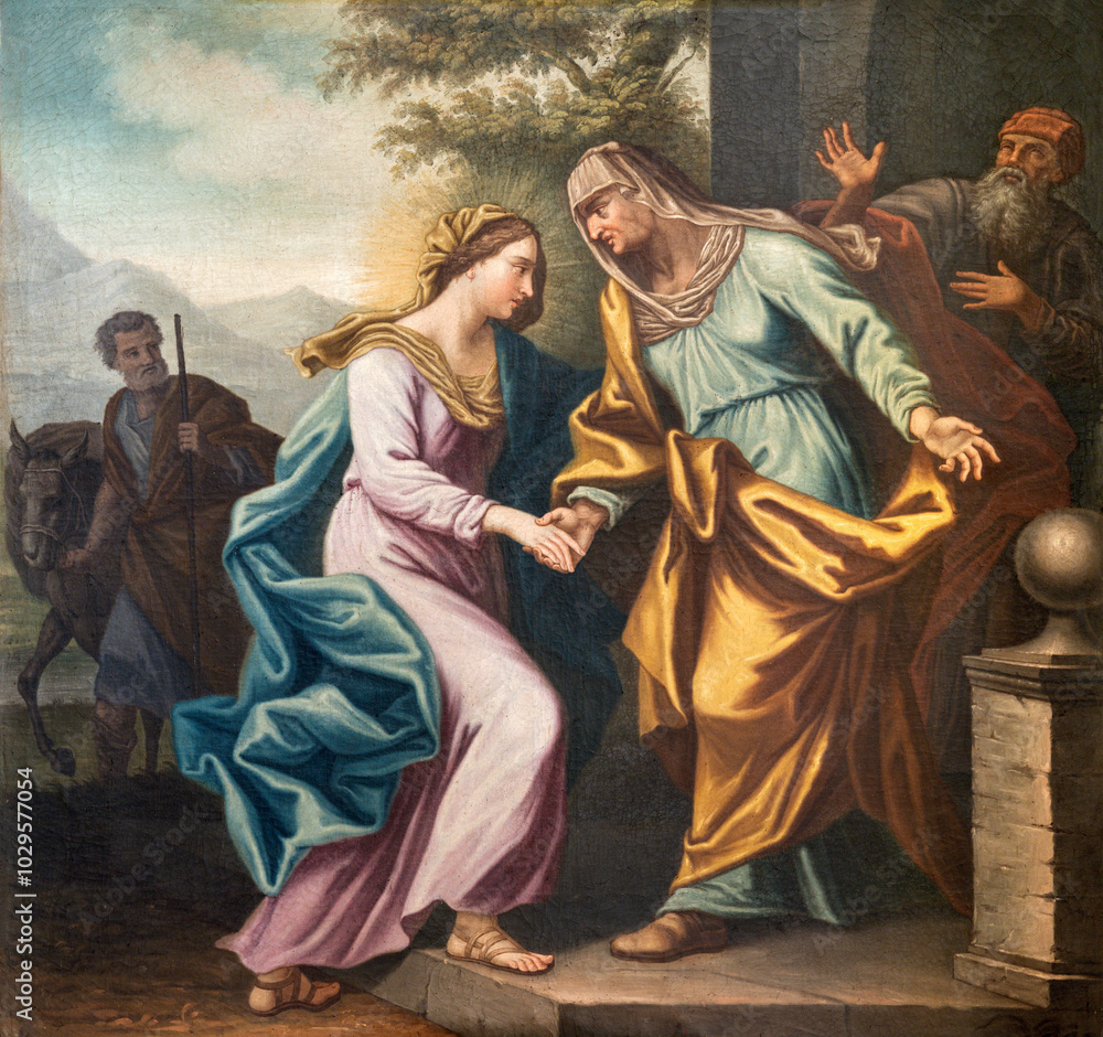 Fototapeta premium ASTI, ITALY - SEPTEMBER 11, 2024: The painting of Visitation in the church Chiesa di San Paolo by Vincenzo Bosio from 18. cent. 