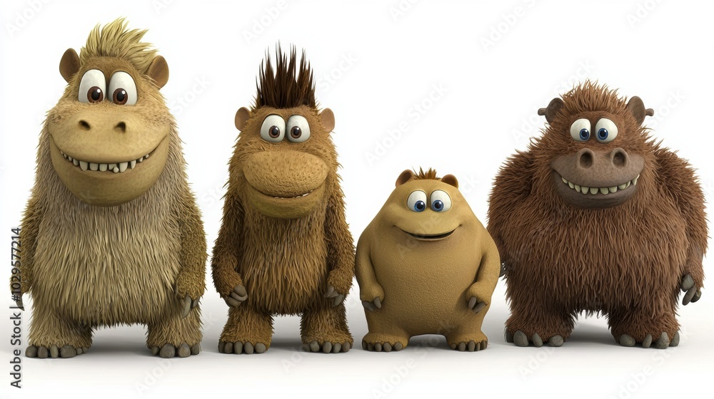 Colorful cartoon characters in a playful lineup Colorful cartoon characters in a playful lineup