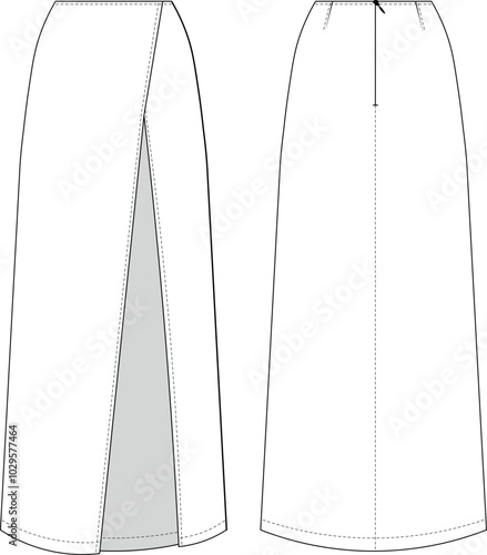 mid rise mid waist tailored darted  zippered slitted long maxi midi a line skirt template technical drawing flat sketch cad mockup fashion woman design style model 
