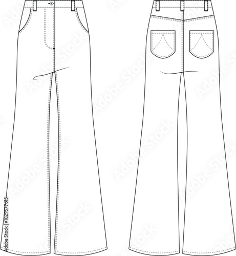 with pockets high rise high waist wide leg flared jean denim pant trouser template technical drawing flat sketch cad mockup fashion woman design style model 
