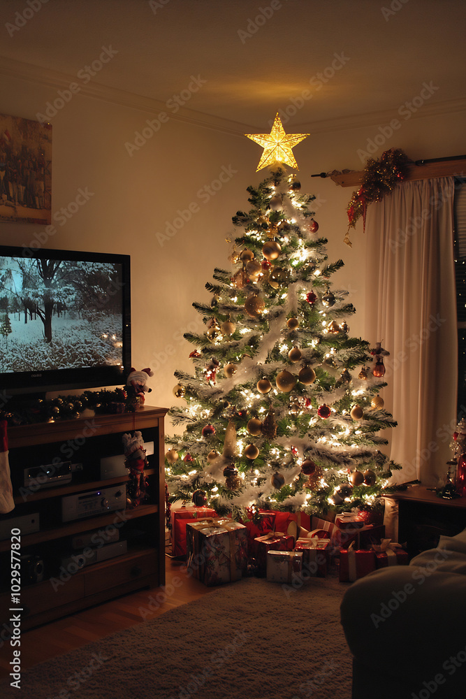 A cozy living room decorated for Christmas with a glowing tree and presents under its branches in the evening A cozy living room decorated for Christmas with a glowing tree and presents under its branches in the evening