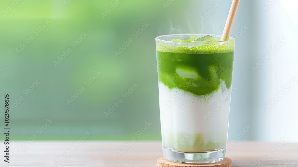 Refreshing iced matcha latte with green tea and milk in a glass with a straw, perfect for a cool summer drink or healthy refreshment. Refreshing iced matcha latte with green tea and milk in a glass with a straw, perfect for a cool summer drink or healthy refreshment.