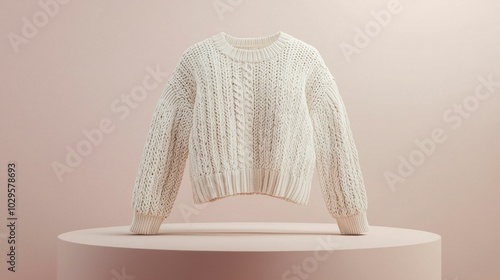 A beautifully crafted white knitted sweater displayed on a round pedestal against a soft pink background, showcasing its detailed texture and design.