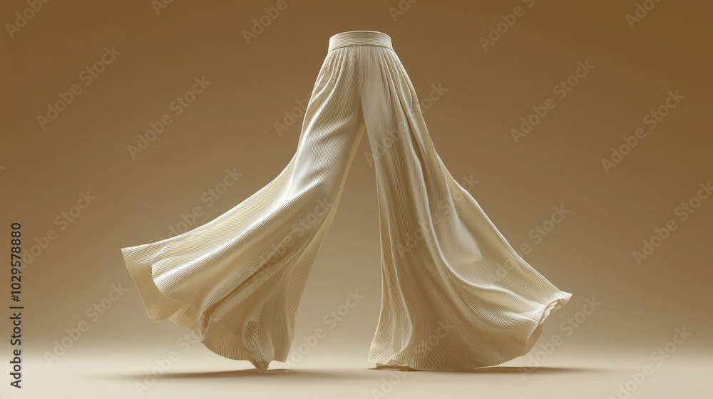 A stylish pair of elegant cream trousers showcased on a simple background, highlighting its intricate pleats and flowing fabric design. A stylish pair of elegant cream trousers showcased on a simple background, highlighting its intricate pleats and flowing fabric design.