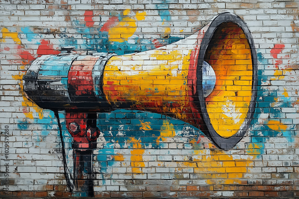 Fototapeta premium Colorful megaphone graffiti on a brick wall, showcasing vibrant street art and conveying a message of communication. Concept of urban art, street culture or public communication.