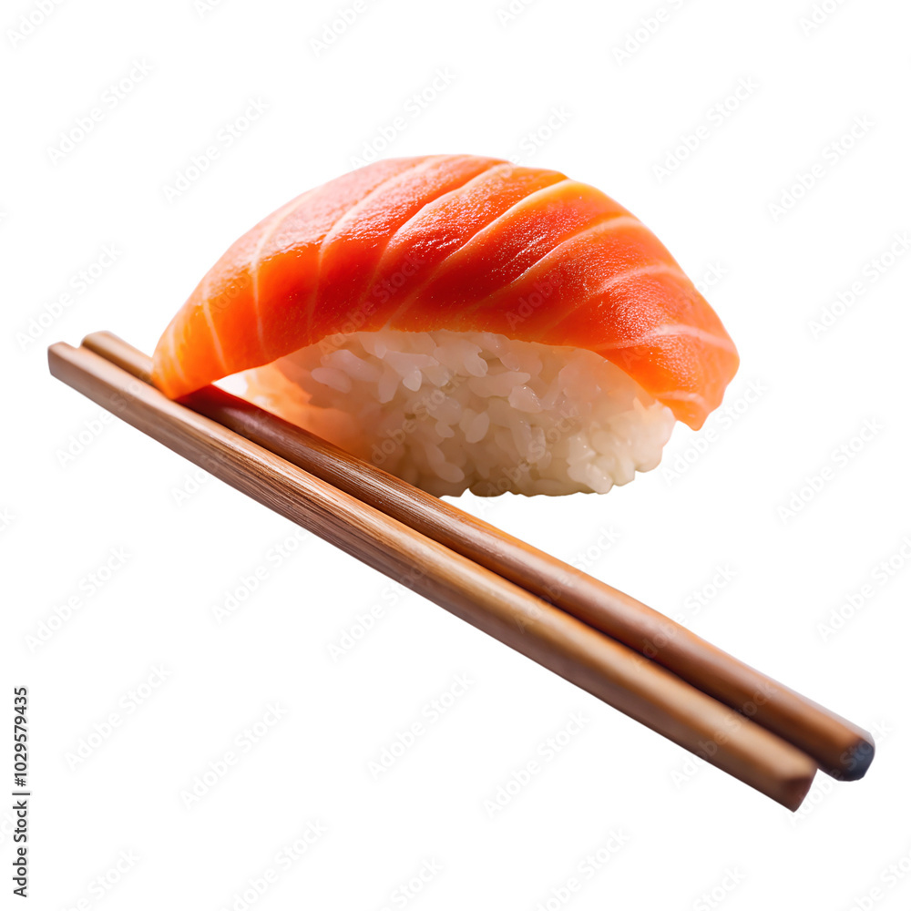 Single Salmon Nigiri Sushi Piece with Chopsticks Premium Transparent Background. Single Salmon Nigiri Sushi Piece with Chopsticks Premium Transparent Background.