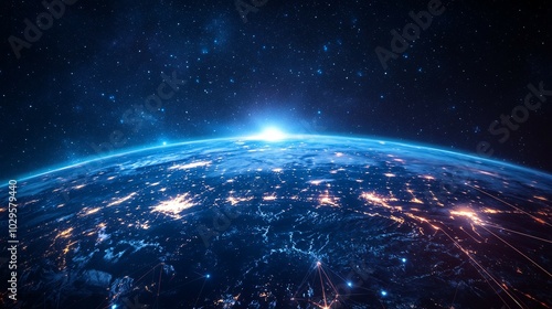 Earth at Night with City Lights and Starry Sky