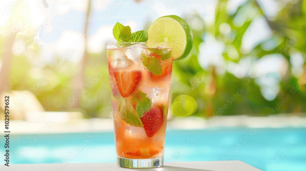 Fototapeta premium Refreshing strawberry mojito cocktail with lime and mint by a sunny poolside. Perfect summer drink idea for relaxation and vacation vibes.