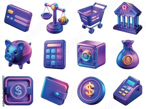 Collection of business and finance 3d neon icons for fintech mobile apps and website design