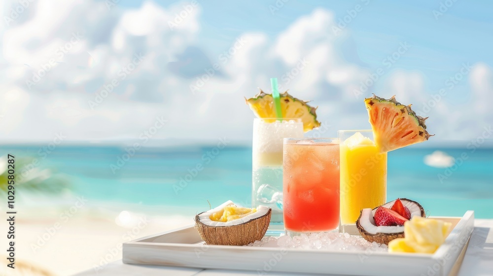 Obraz premium Refreshing tropical cocktails on a sandy beach with a clear blue sky and ocean backdrop, garnished with fresh fruits for summer relaxation.
