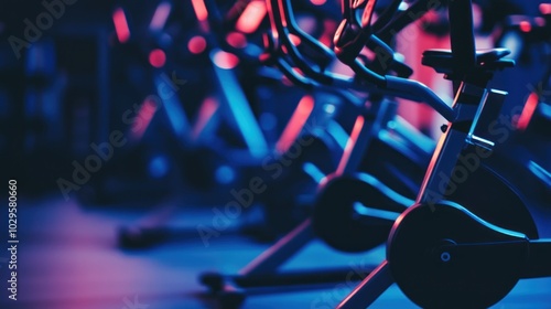 Row of Stationary Bikes in a Fitness Studio Lit by Pink and Blue Lights