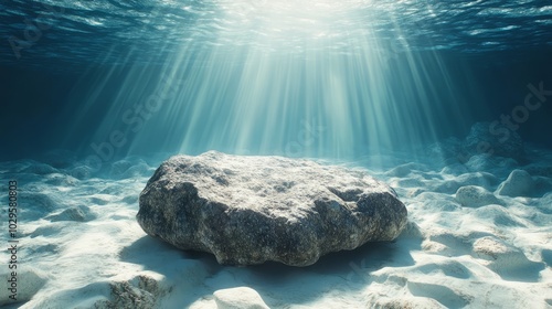 Rock or big stone under clear blue water of sea or ocean with sunlight rays close up