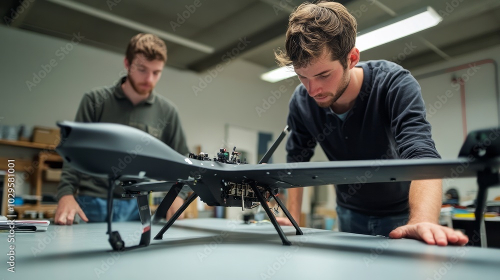 Close shot of engineers working on an unmanned aerial vehicle, theme of war and the use of drones in combat tasks
Close shot of engineers working on an unmanned aerial vehicle, theme of war and the use of drones in combat tasks