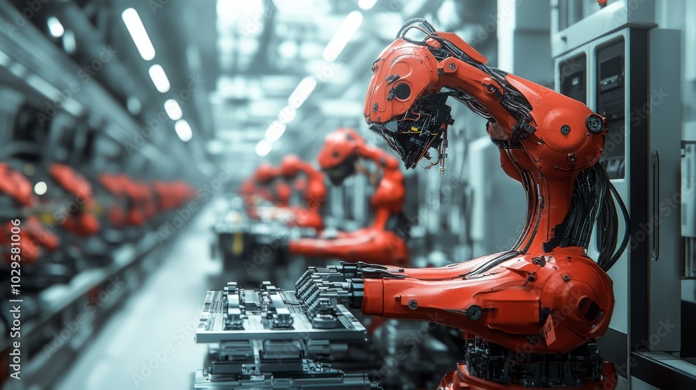 Big arms of automated robots on a large factory or plant with a production line. AI technologies in the factory Big arms of automated robots on a large factory or plant with a production line. AI technologies in the factory