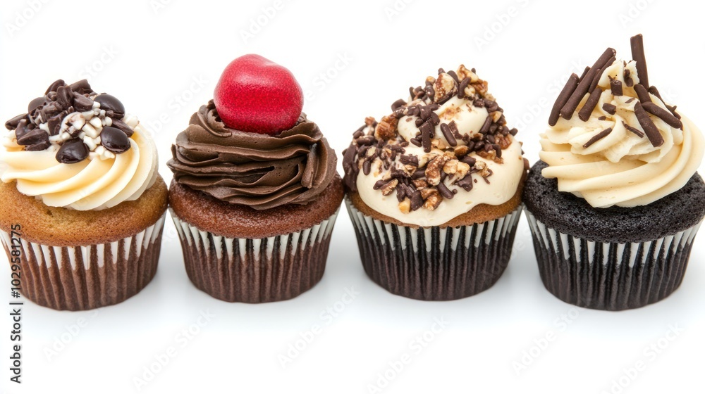 Four Decorated Cupcakes with Chocolate and Sprinkles Four Decorated Cupcakes with Chocolate and Sprinkles