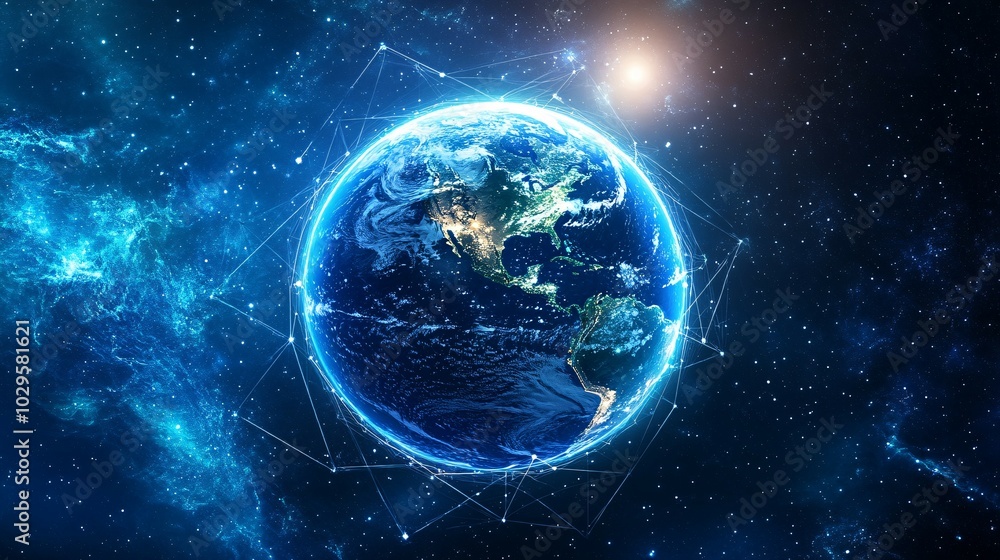 Earth Surrounded by a Glowing Network of Lines in Space Earth Surrounded by a Glowing Network of Lines in Space