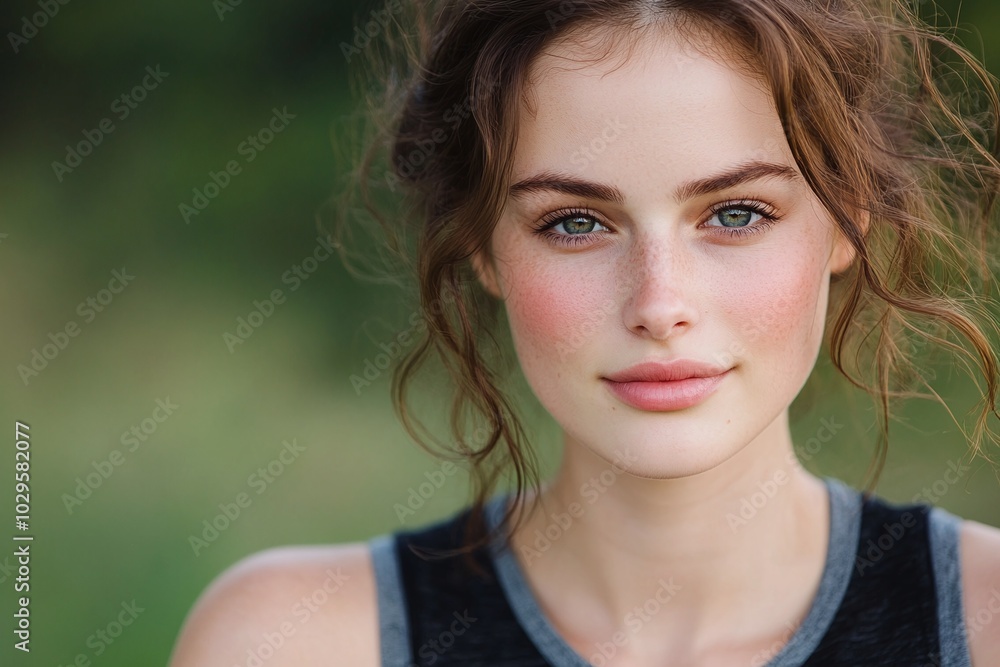 Young woman with natural makeup, soft smile, loose hair, outdoor portrait, greenery background, soft lighting, relaxed expression, beauty in nature, serene vibe, copy space for text.
Young woman with natural makeup, soft smile, loose hair, outdoor portrait, greenery background, soft lighting, relaxed expression, beauty in nature, serene vibe, copy space for text.
