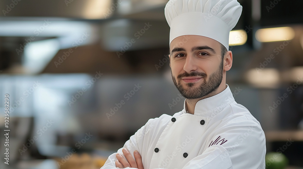 Confident male chef in a white uniform smiles in a commercial kitchen. Confident male chef in a white uniform smiles in a commercial kitchen.