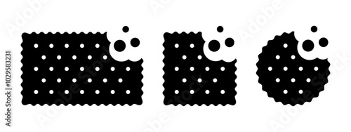 Set of bitten cracker icons with crumbs. Sweet or salty biscuit cookies in round, square and rectangle shapes. Popular crunchy snacks isolated on white background. Vector graphic illustration.