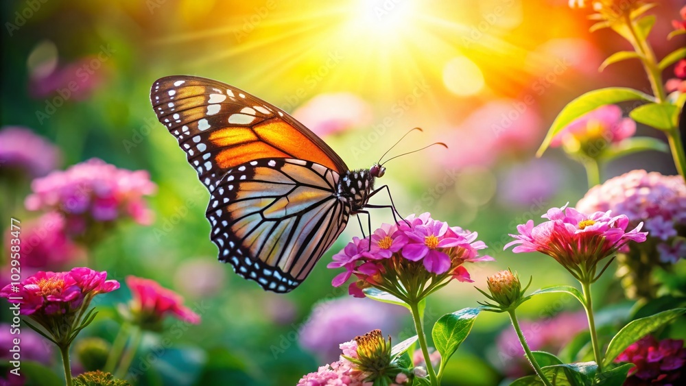 Naklejka premium Stunning Butterfly on Pink Flower in Lush Garden - Nature's Beauty Captured in Panoramic Photography