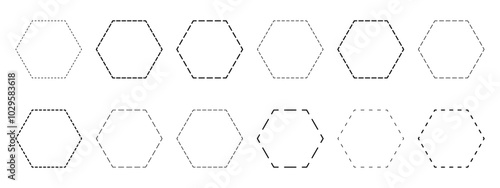 Set of hexagon shapes with dashed lines. Dotted geometric figures isolated on white background. Cut here pictograms. Vector outline illustration.