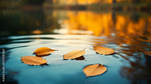 Fallen leaves floating on calm water, reflecting warm autumn hues and creating a peaceful atmosphere.