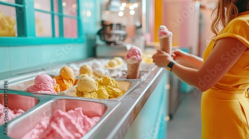 Colorful Ice Cream Parlor with an Artisanal Ice Cream Maker Scooping Unique Flavors photo