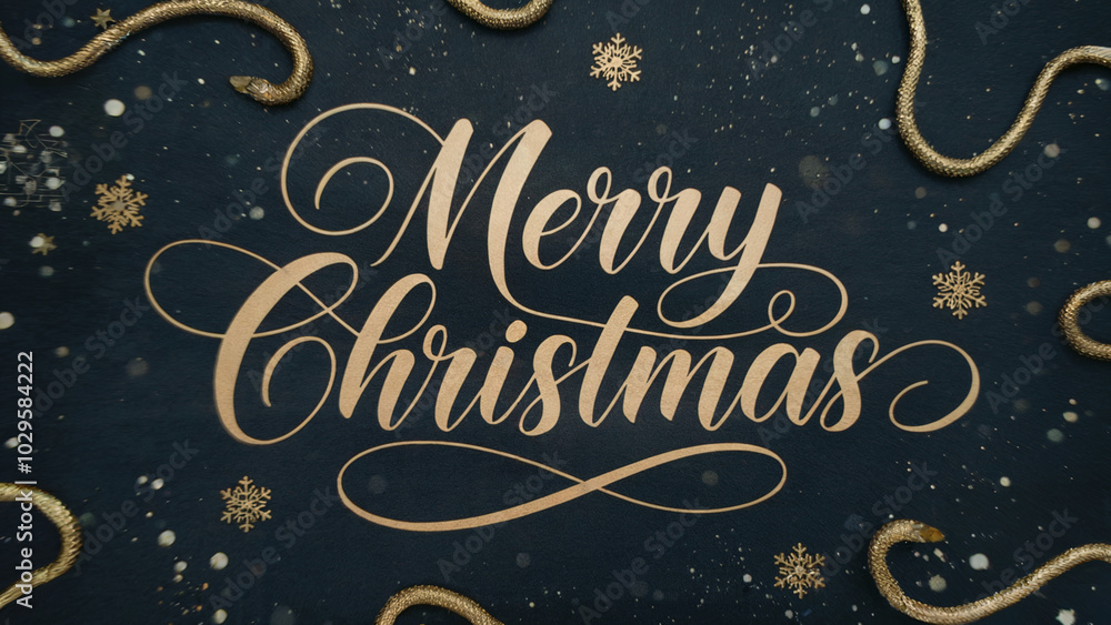 A dark background adorned with golden serpentine patterns and snowflakes. The words 'Merry Christmas' are elegantly written in cursive, golden script in the center. 