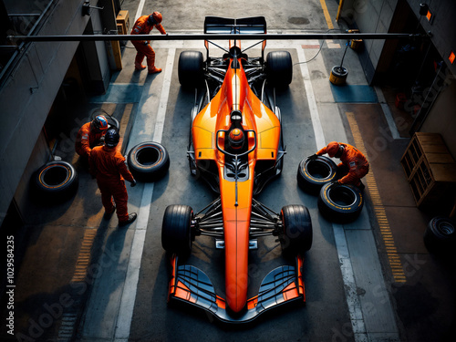 Formula 1 pit stop. Orange Formula One car being serviced by a team of mechanics in a garage