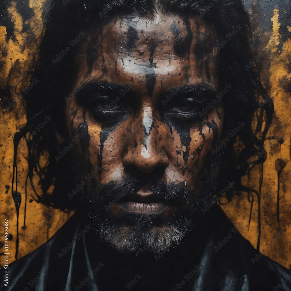 Obraz premium Portrait of a brutal man with his face covered in black paint