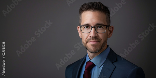 Confident Businessman in Professional Attire with Glasses Against a Neutral Background