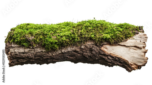 Close-up of a rustic wooden log covered in vibrant green moss, isolated on a white background. Perfect for nature or organic themes. photo