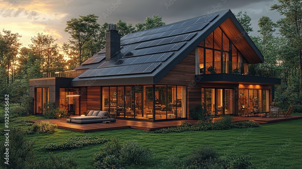 Obraz premium Luxury house with roof full of solar panels alternative and renewable energy source roof tile, clear sunny sky daytime. Eco-friendly photovoltaic electricity